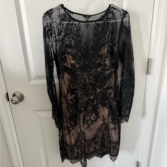 Express Dresses & Skirts - Express Black Lace Overlay Dress with Nude Underlay